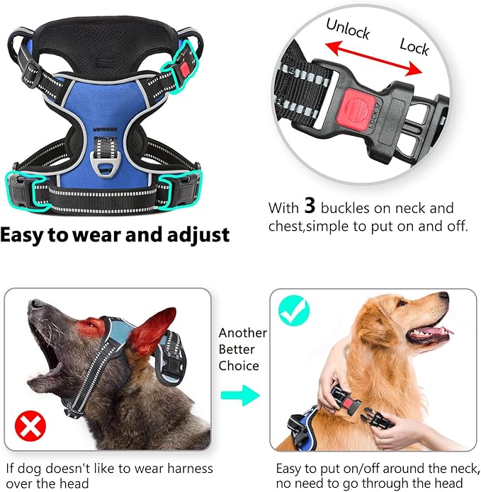Timos Dog Harness for Medium Dogs, No Pull Service Vest with Reflective Strips and Control Handle,No Choke Dog Harness with 2 Metal Rings for Easy Walking,Outdoor Training,Blue, M-Mewly Pet
