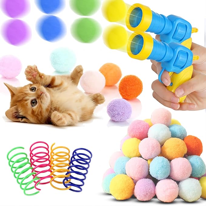 Low Noise Interactive Cat Ball Launcher Gun, 2 Noise-Reduced Launchers (New Upgraded), 100 Pcs Colorful Silent Plush Pom Pom Balls (1.2 inches), with 4 Pcs Cat Spring Toy-Mewly Pet