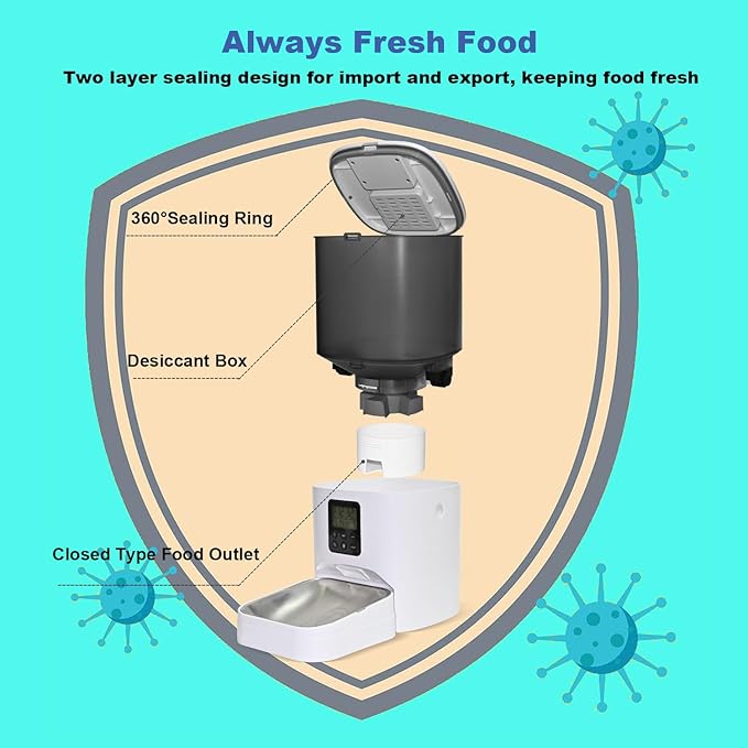 Automatic Cat Feeder, 6L Cat Food Dispenser with 10s Voice Recorder, Pet Feeder up to 8 Meals per Day, Timed Feeder with Dry Food Sealed Ring (Jade White, 6L)-Mewly Pet