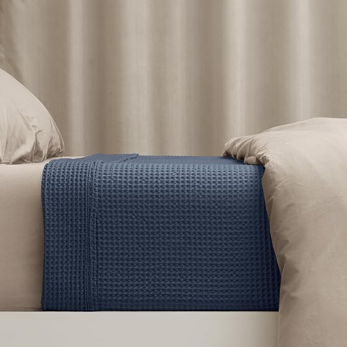 PHF 100% Cotton Waffle Weave Blanket King Size for Bed,Snag Proof Lightweight Breathable Moisture-Wicking Throw for Couch,Great for Layering in Cold Weather,Machine Washable,Home Decor Gift-Dark Navy