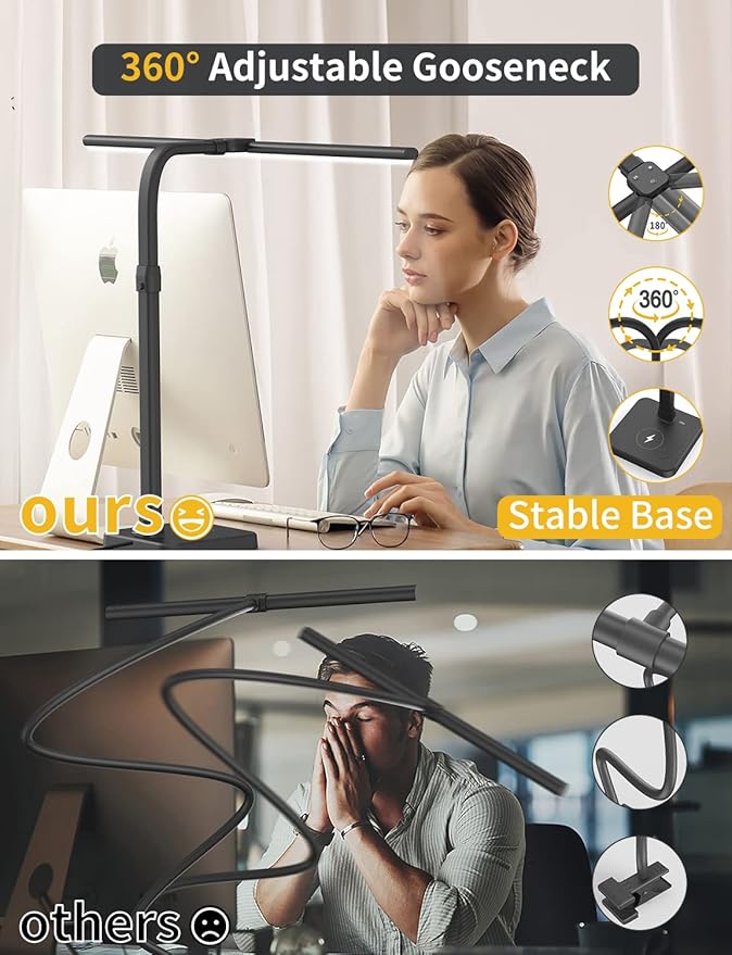 LED Desk Lamp for Home Office, Double Head 24W with Base, Architect Light 5 Lighting Brightness Flexible Gooseneck Table Reading Study, Black