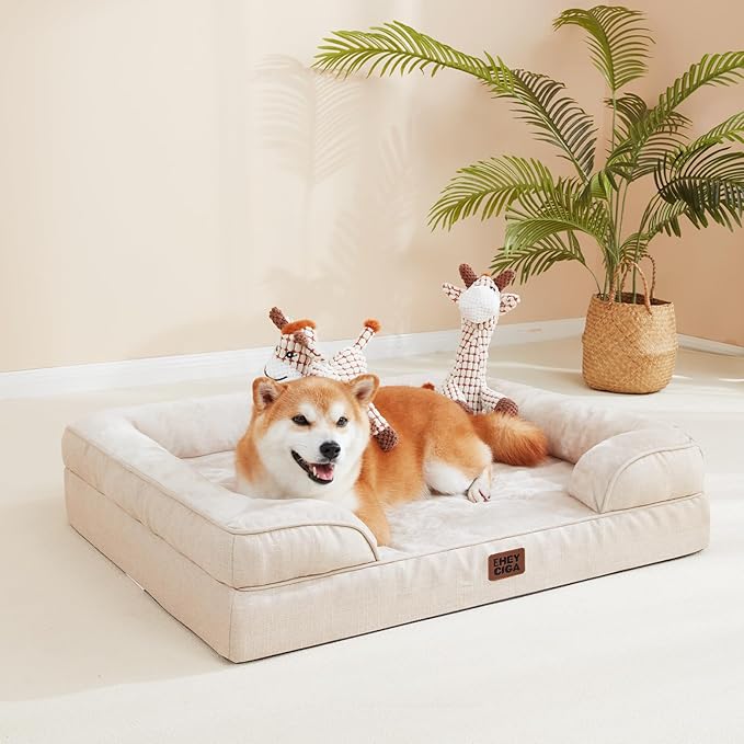 EHEYCIGA Orthopedic Dog Beds for Large Dogs, Waterproof Memory Foam Large Dog Bed with Sides, Non-Slip Bottom and Egg-Crate Foam Pet Couch Bed with Washable Removable Cover, Beige-Mewly Pet