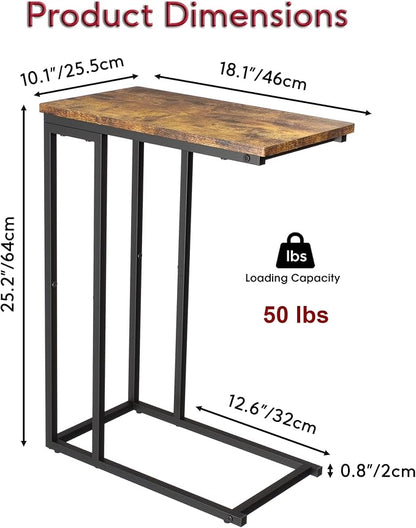 Yusong Small C Shaped End Table, Slim Couch Side Tables Slide Under Sofa Bed, Skinny Snack Tray Table for Coffee Laptop in Living Room,Easy Assembly, Rustic Brown