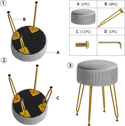 IBUYKE Velvet Storage Footrest Stool Ottoman, Makeup Vanity Stool Side Table with Golden Steel Legs Removable Cover, Coffee Table Top Cover, Grey LG-20G