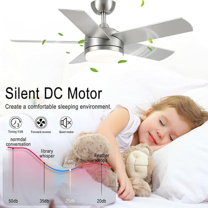 YUHAO 44 Inch Brushed Nickel Ceiling Fan with Light and Remote Control.Noiseless,Dimmable,3CCT,6 Speeds Reversible, DC Ceiling Fans for Indoor or Covered Outdoor