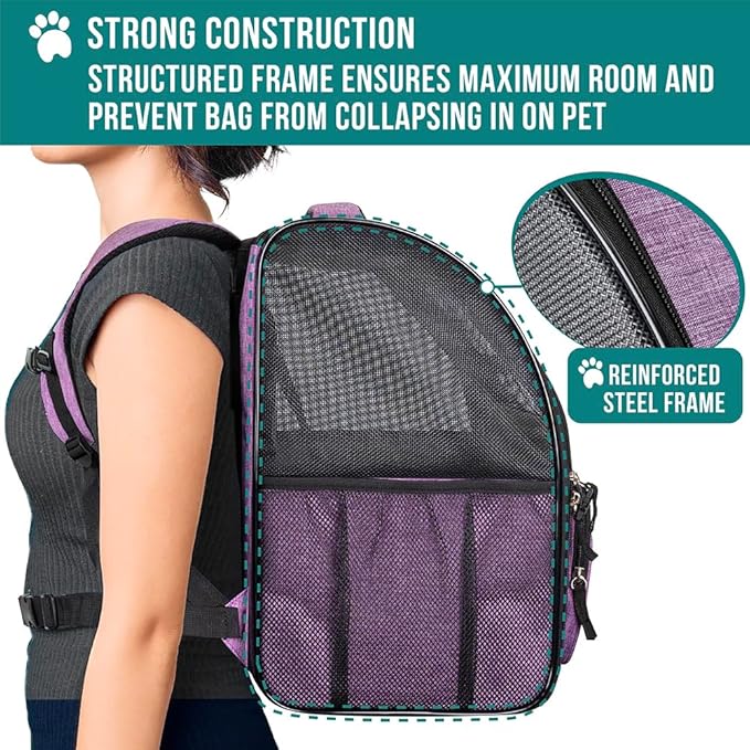 PetAmi Dog Backpack Carrier for Small Large Cat, Pet, Puppy, Ventilated Pet Hiking Backpack Travel Bag, Airline Approved Cat Backpack Carrier, Camping Biking Dog Bag Up to 18lbs Pet, Purple-Mewly Pet