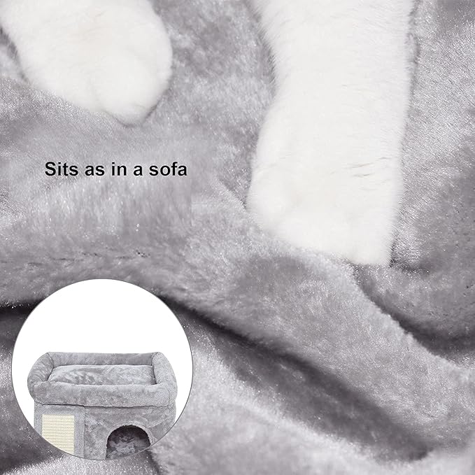 SYANDLVY Small Cat Tree for Indoor Cats, Cat Tower with Scratching Post, Modern Activity House for Large Cats, Condo with Board, Kittens Cave (Light Grey)-Mewly Pet