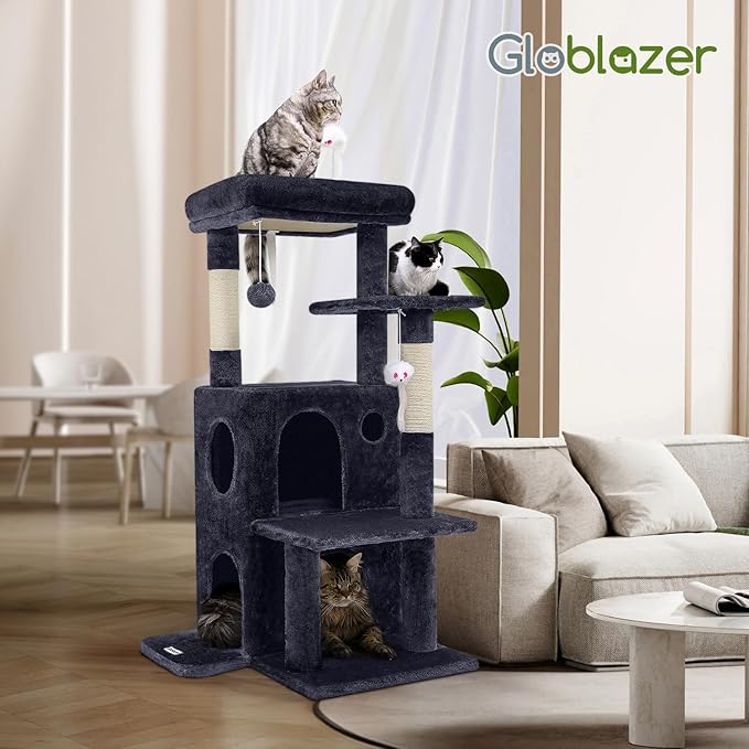 Globlazer Cat Tree Tower for Indoor Cats, 50-inch Adult Cat Tree House for Large Adult Cats with Steps, Scratching Post, 2 Cat Caves, Dangling Toys, FC50, Dark Grey-Mewly Pet