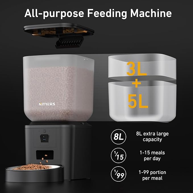Automatic Dog & Cat Feeder with Camera & WiFi – 8L/34 Cups, 1080P Night Vision, 2.4 & 5G WiFi, 2-Way Talk, 10s Voice Recording, Timed Food Dispenser, Up to 99 Portions, 15 Meals Per Day-Mewly Pet