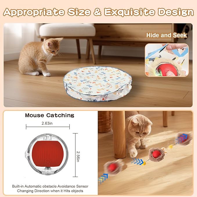 Rocfish Interactive Cat Toys Ball - Automatic Fast Rolling Ball in Play Mat, Hide and Seek Mouse Catching Game, Low-Noise Cat Enrichment Toys in Pouch for Indoor Bored Cats (Red Toy & Round Mat)-Mewly Pet