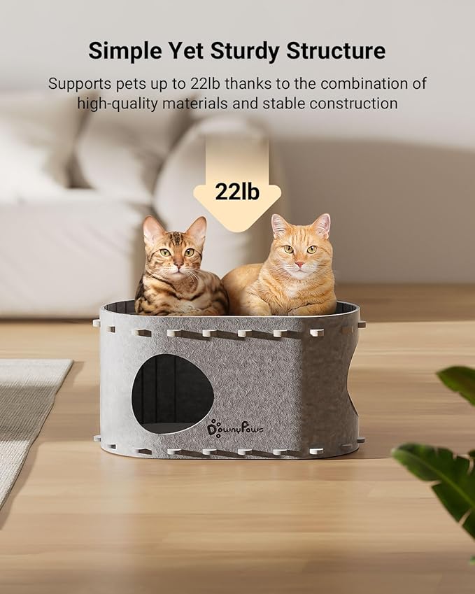 DownyPaws Cat House for Indoor Cats, Cat Bed Cave for Multiple & Large Cats Up to 22 Lbs, Scratch Resistant, Foldable Peekaboo Kitten Caves Tunnel Enclosed Bed, PeekaPurr, Light Gray-Mewly Pet