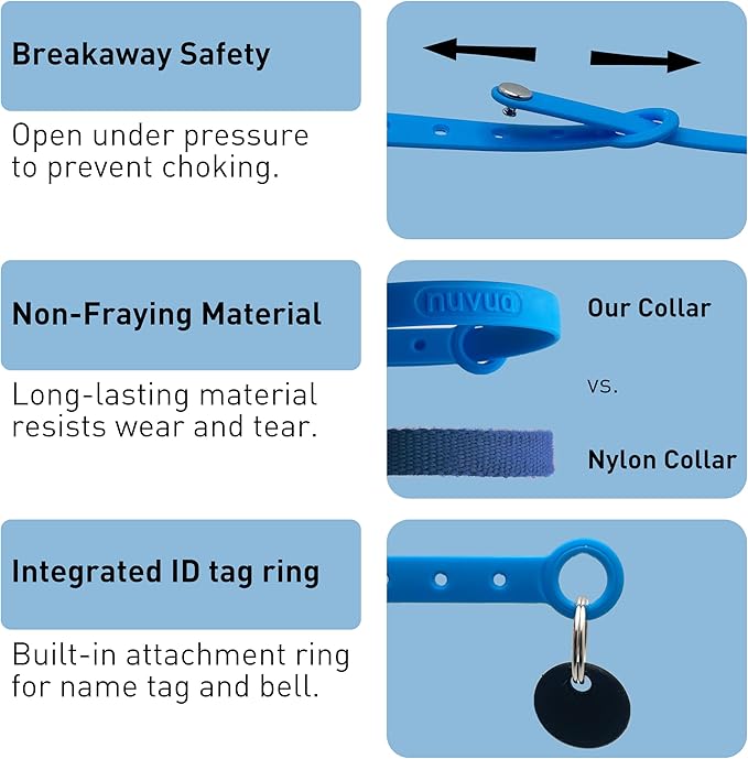 Silicone Cat Collars 2 Pack - Soft, Comfortable, and Lightweight Safety Breakaway Collar with Name Tag Ring for Outdoor Cats and Sensitive Skin Kittens by Nuvuq (6 ⅞" to 10 ¼", Blue)-Mewly Pet