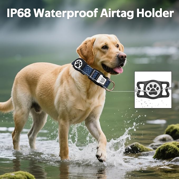 Dog Collar with Waterproof AirTag Holder & Anti-Lost QR Code, Cute Bling Warpping Adjustable Width for Small Medium Large Pet (Blue, M)-Mewly Pet