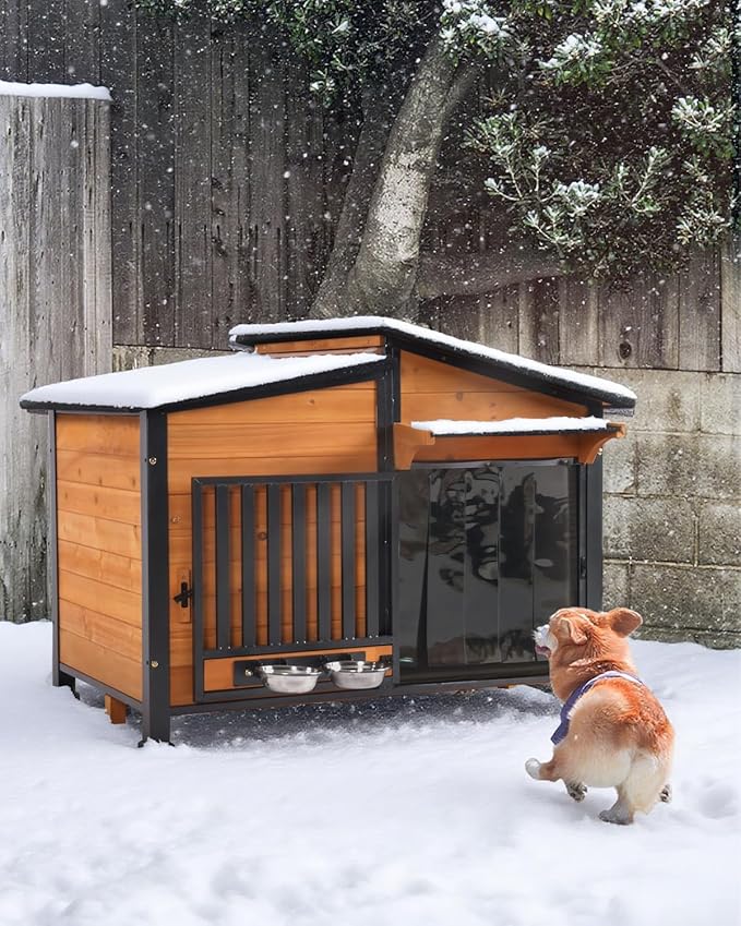 Heated Dog House Outdoor with Bowls Weatherproof Dog Kennel with Heating Pad Anti-Chewing Iron Frame Dog Shelter for Small Medium Dogs(Wooden Brown)-Mewly Pet