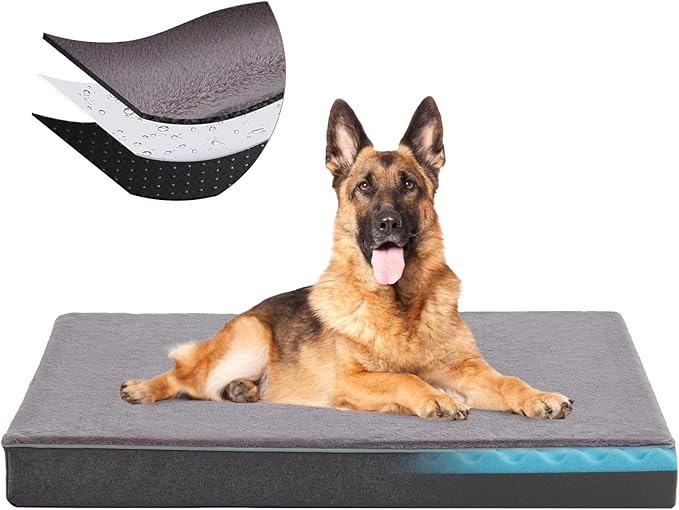 Orthopedic Memory Foam Dog Bed,Cooling Dog Beds for Large Dogs, Washable Pet Beds for Crate with Faux Fur Cover, Waterproof Lining, XXL(47inch)-Mewly Pet