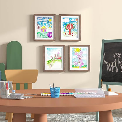 KINLINK 10x12.5 Kids Art Frames Set of 2, Solid Wood Kids Artwork Frames Changeable with Acrylic Front Opening Holds 150 Pictures, Art Frame for Kids Artwork with Mat or without Mat, Brown Wood