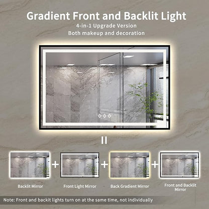 LED Bathroom Mirror, 55x36 Inch Black Framed Gradient Front and Backlit LED Mirror, 3 Colors Dimmable CRI>90, Enhanced Anti-Fog Wall Mounted Smart Mirror