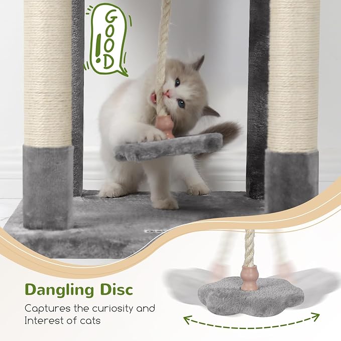 Globlazer Cat Tree, 70 inch Tall Scratching Tower Multi-Level Cat Condo for Indoor Multiple Cats with 2 Large Cat Caves, Top Perch, Large Platform, Bottom Swing, F70B, Light Grey-Mewly Pet