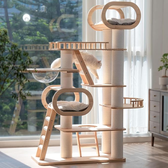 76.8'' Modern Cat Tree for Indoor Cats, Tall Wooden Cat Tower for Home Decoration, Multi-Level Tower with Transparent Cat Bed, Huge Cat Condo for Multi-Cat Families-Mewly Pet