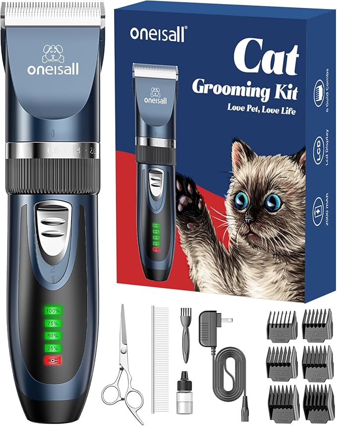 oneisall Quiet Cat Clippers for Matted & Long Hair, 2-Speed Cordless Pet Shaver Grooming Kit for Cats, Small Dogs & Animals (Blue)-Mewly Pet