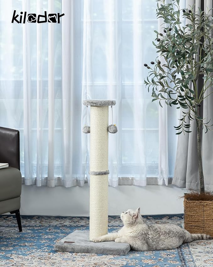 Kilodor 34Inch Tall Cat Scratching Post,4.3Inch Diameter Large Sisal Cat Scratch Post with Ball, Sturdy and Durable Cat Scratcher for Indoor Cats Adults Grey-Mewly Pet