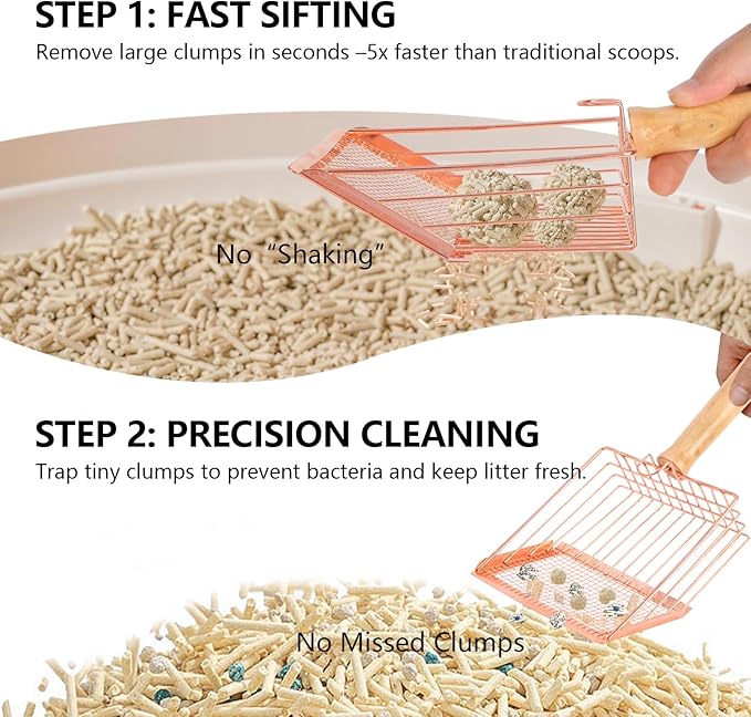 Litter Scooper, Metal Litter Scoop, Pooper Scooper with Wooden Handle, Cat Litter Scoop, Metal Scooper & Speed Sifter Deep Shovel Scoop Filter,Kitten Pooper Lifter for Litter Box-Mewly Pet