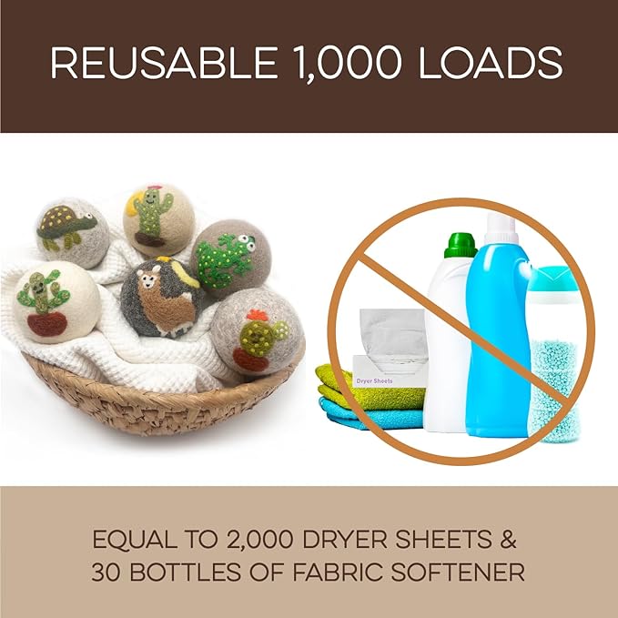 Fluff Ewes Wool Dryer Balls 6 Pack Premium New Zealand Wool Laundry Balls for Dryer, No Static Dryer Balls Laundry Reusable, XL Wool Dryer Balls Cute, Baby Dryer Balls for Dryers - Kiss My Cactus-Mewly Pet