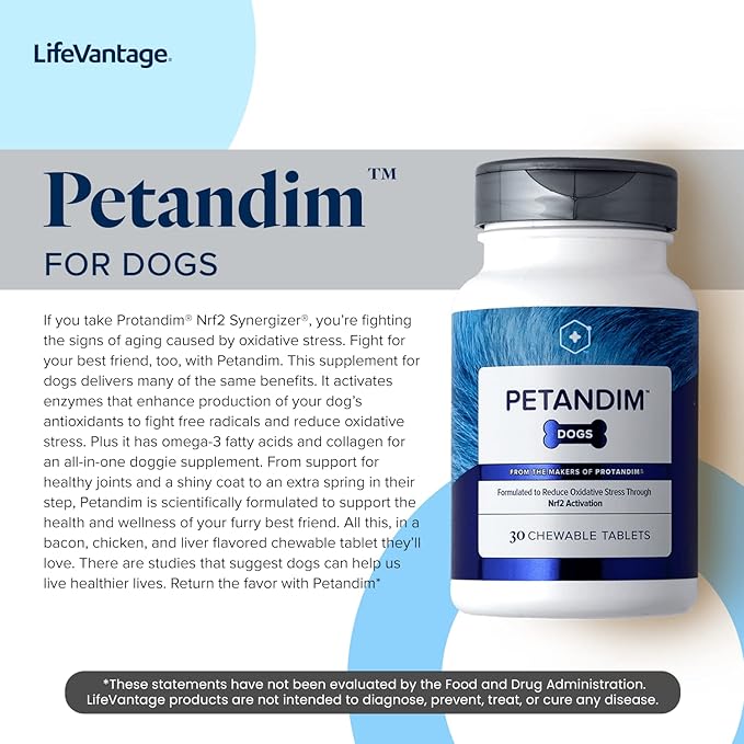 Petandim Dog Vitamins (30 Chewable Tablets), Antioxidants Reduce Oxidative Stress, Joint Supplement for Dogs, Skin and Coat Supplement, Omega-3 & Collagen for Dogs, Chicken + Bacon Flavor-Mewly Pet