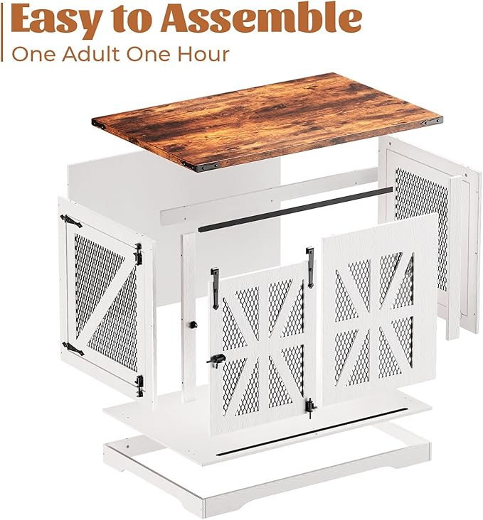 VOPEAK 43.3" XL Dog Crate Furniture, Chew Resistant Dog Crate for Medium Large Dogs, Heavy Duty Extra Large Dog Crate Dog Kennel Indoor with Double Doors, Wooden End Table for Living Room, White-Mewly Pet