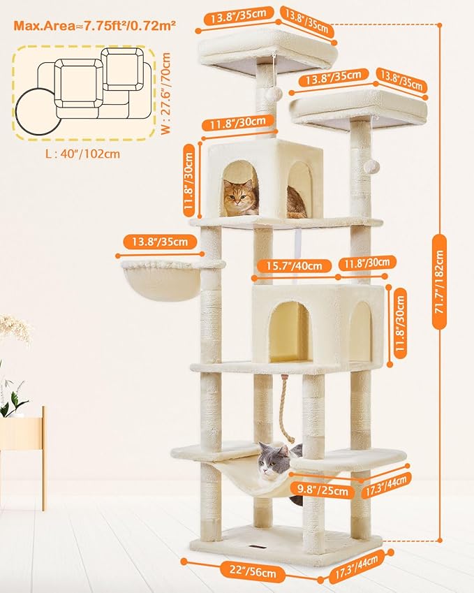 Taoqimiao Cat Tree, 71.7-Inch Cat Tower for Indoor Cats, Plush Multi-Level Cat Condo with 13 Scratching Posts, 2 Perches, 2 Caves, Hammock, 2 Pompoms,Beige MS013LM-Mewly Pet
