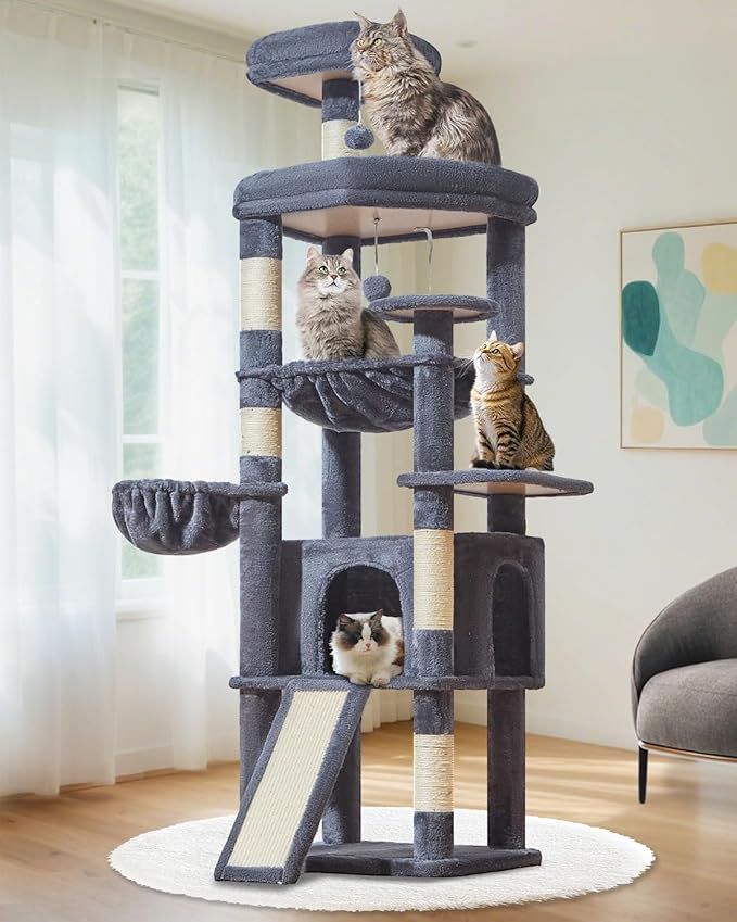 Taoqimiao 72 Inches Cat Tree for Large Cats, Multi-Level Tall Cat Tower, Widened Cat Condo with Large Scratch Board, 5 Scratching Posts, Metal Hammcock, Cozy Basket, Smoky Gray, MS045G-Mewly Pet