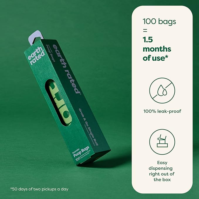 Earth Rated Dog Poop Bags, Thick Grab and Go Single Roll, Ideal for Backyard Pickups, Lavender Scented, 100 Count-Mewly Pet