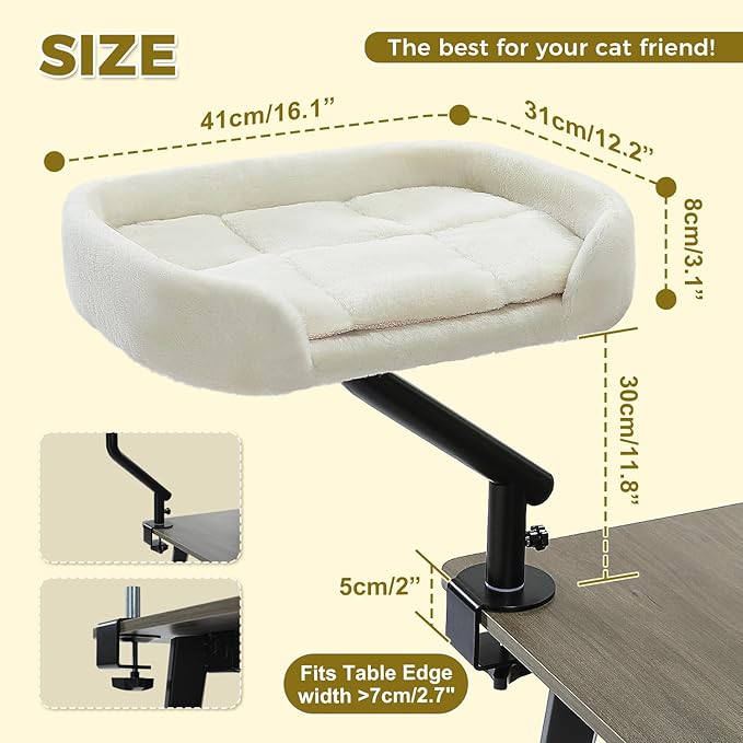 PAWZ Road Cat Desk Bed for Indoor Cats, Cat Bed for Desk Supports Up to 50 lbs, 360° Rotation & Adjustable, Nest Desktop Attachment Cats Hammock for Table, White-Mewly Pet
