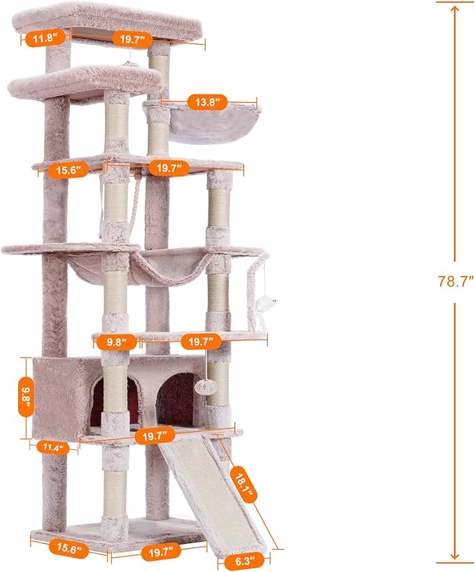 Heybly Tall Cat Tree, 78-inch Multi-Level Cat Tower for Indoor Cats, 2 Widened Plush Perches Cat Condo with Scratching Board and Big Caves, Muchroom HCT033MU-Mewly Pet