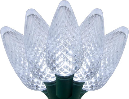 C9 LED Faceted Cool White Prelamped Light Set, Green Wire - 25 C9 Cool White LED Christmas Lights, 8" Spacing