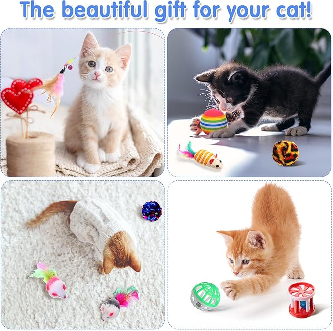 Wettarn 22 Pieces Cat Toys Set, with 2 Collapsible Tunnels for Indoor Cats and 20 Kitten Toys Tubes and Tunnels Interactive Feather Mouse Crinkle Balls for Pets Puppies(White)-Mewly Pet