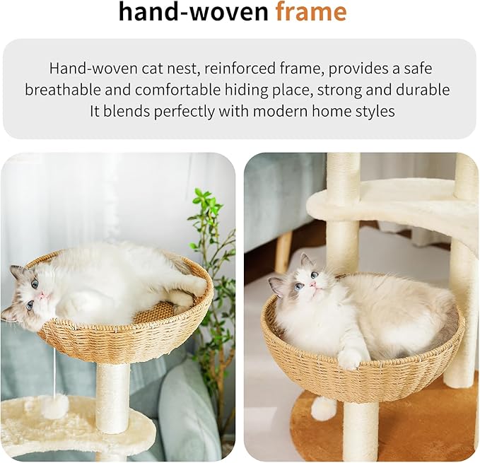 Modern Cat Tree Tower,Hand-Woven Ma Teng cat nest, Sisal-Covered Scratching Posts for Indoor Cats, Multi-Level Cat Condo with Space Capsule Nest, Tall Cat Tree for Multiple Large Cats-Mewly Pet