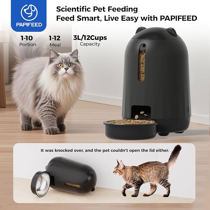 PAPIFEED Automatic Cat Feeder, 3L Timed Cats Food Dispenser with Dual Power Supply, Auto Pet Feeder with Programmable Portion Control for Cats and Small Dogs, Black-Mewly Pet