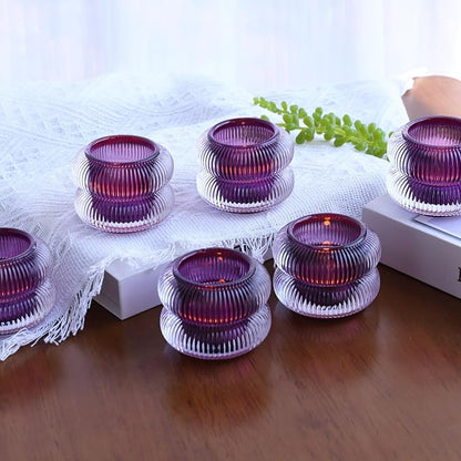 Woho Ribbed Votive Candle Holders Set of 6 for Wedding Decor, Vintage Tealight Candle Holder for Halloween/Thanksgiving, Glass Tea Lights Candle Holder for Dinner Table (Purple, 2.1" H X 2.75" D)