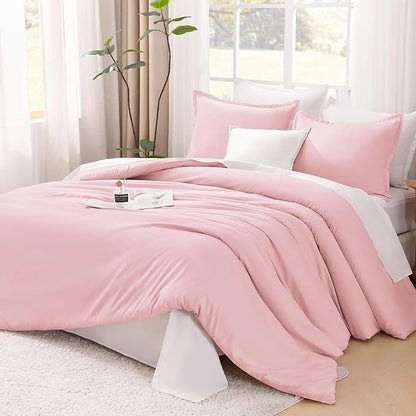 Litanika Pink Comforter Set Full Size, 3 Pieces Girls Women Cute Soft Solid Bedding Comforter Set, All Season Bed Set (79x90In Comforter & 2 Pillowcases)