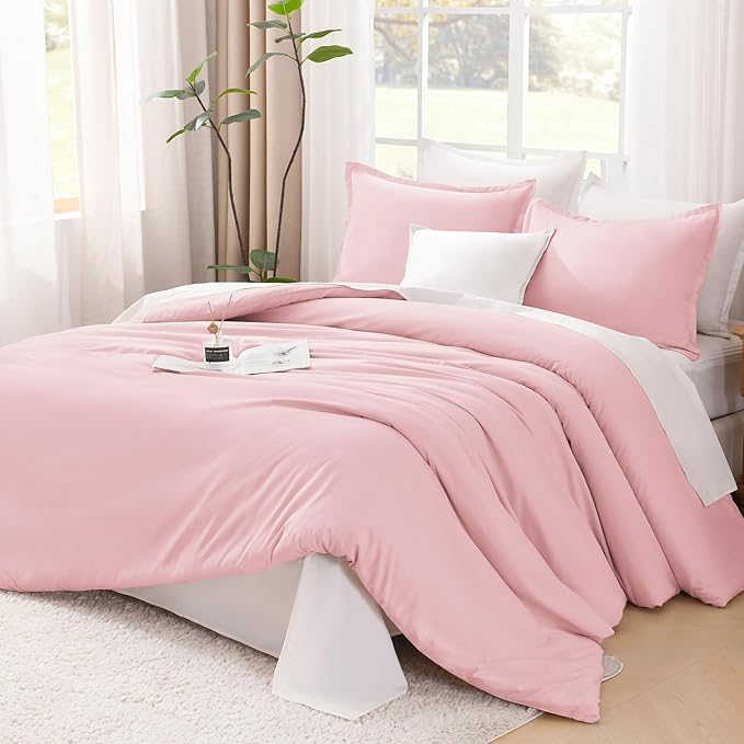 Litanika Comforters Pink Oversized Queen Size, 3 Pieces Lightweight Solid Bedding Set & Collections, All Season Fluffy Bed Set (98x98In Comforter & 2 Pillowcases)