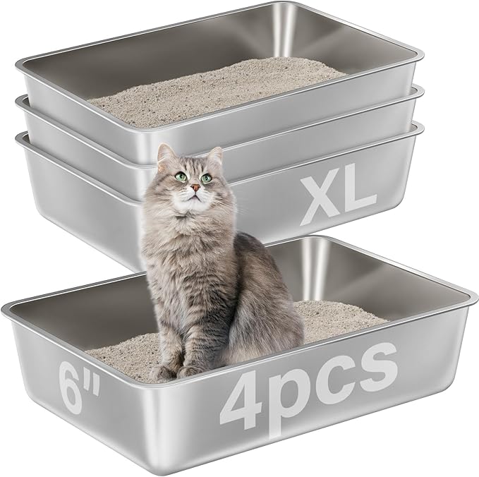 Stainless Steel Litter Box 4 Pack,XL Metal Litter Box for Adult Big Cats,Stainless Steel Cat LitterBox, Cat LitterBox High Sided -Pet Toilet Easy to Clean,Non Stick, No Smell-Mewly Pet