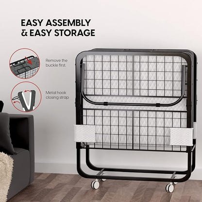 EconoHome Folding Bed with Mattress - 75x38 Twin Size Frame - Portable Rollaway Guest Bed with 5-inch Memory Foam Mattress - Space-Saving Foldable Design for Easy Storage