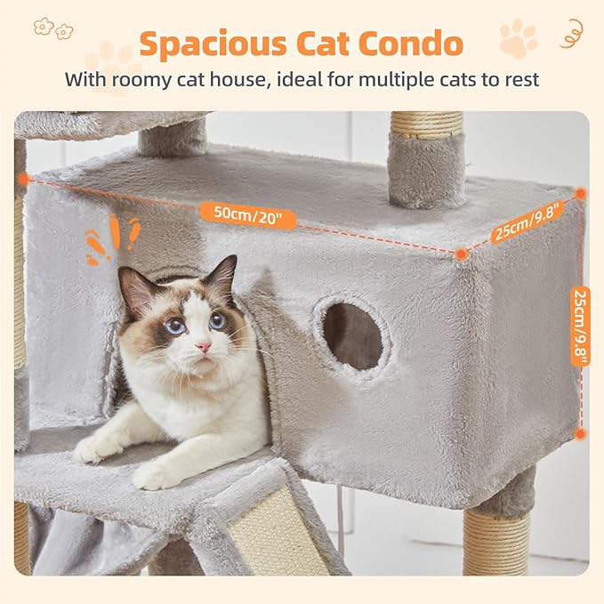 Taoqimiao Cat Tree 57.5-Inch, Cat Tower for Indoor Cats Large Adult, Extra Large Cat Condo, 8 Sisal Scratching Posts, Metal Frame Cozy Hammock, Durable Scratch Board, 2 Top Perches, Light Gray MS026W-Mewly Pet