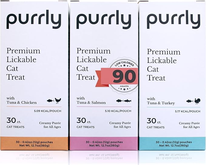 Purrly Healthy Premium Cat Treats Snack Topper Tuna Variety Bundle (90 Count) Lickable Wet Squeezable Hydrating Interactive Seafood Grain-Free Naturally Flavored Non-GMO No-Preservative-Mewly Pet