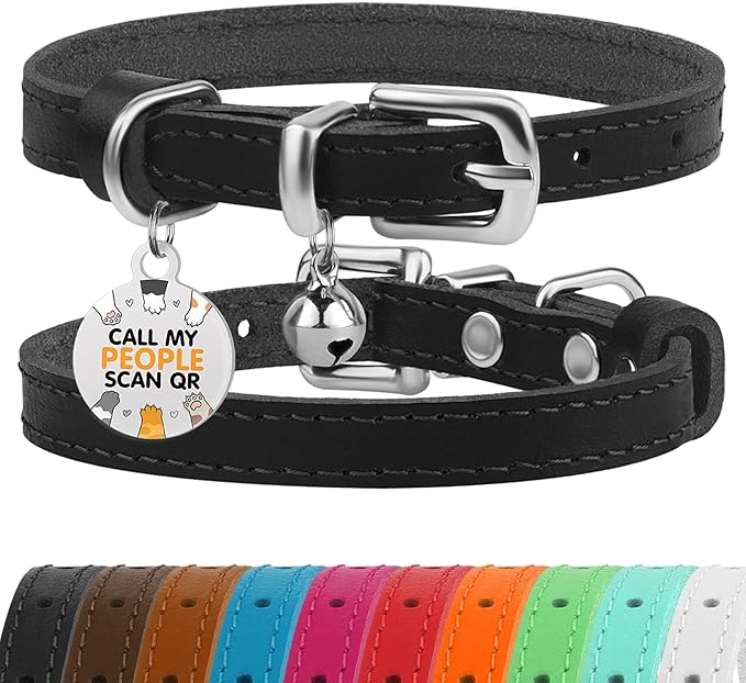BRONZEDOG Leather Cat Collar with Removable Bells Non Breakaway Kitten QR Tag for Girl Boy (7" - 9" for Cats, Black & Silver)-Mewly Pet