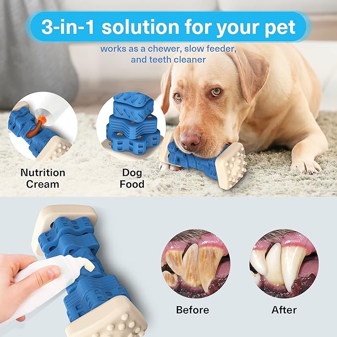 PCEoTllar Indestructible Dog Chew Toys, Aggressive Chewer Safe Rubber Puzzle Toys with Beef Flavor - Blue, Medium to Large Dogs-Mewly Pet