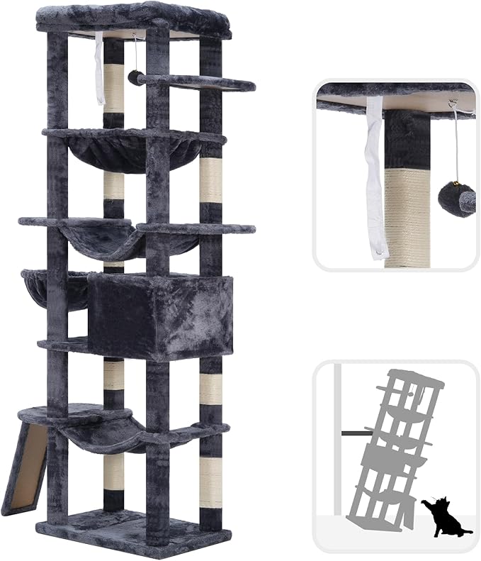 Hey-brother Cat Tree, 69.3-Inches Multi-Level Plush Cat Tower for Indoor Cats with Large Top Perch, Extra Spacious Hammock, 2 Hammocks Ramp, Hanging Ball, Smoky Gray MPJ037G-Mewly Pet