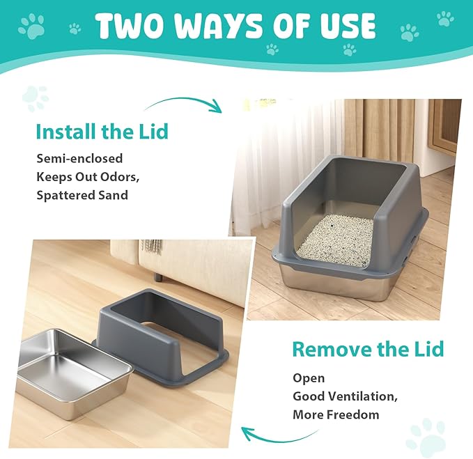 Litter Box with Lid, Stainless Steel Litter Box, 10" Metal Litter Tray High Sides, Small Litter Pan for Kittens, Enclosed Cat Litter Pan, Non-Sticky Covered Grey, Easy Clean-Mewly Pet