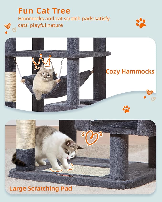 Taoqimiao Cat Tree, 68-Inch Cat Tree Cat Tower for Indoor Cats, Plush Multi-Level Cat Condo with 6 Scratching Posts, 2 Perches, 2 Caves,Hammock, 3 Pompoms,MS020SG Smoky Gray-Mewly Pet